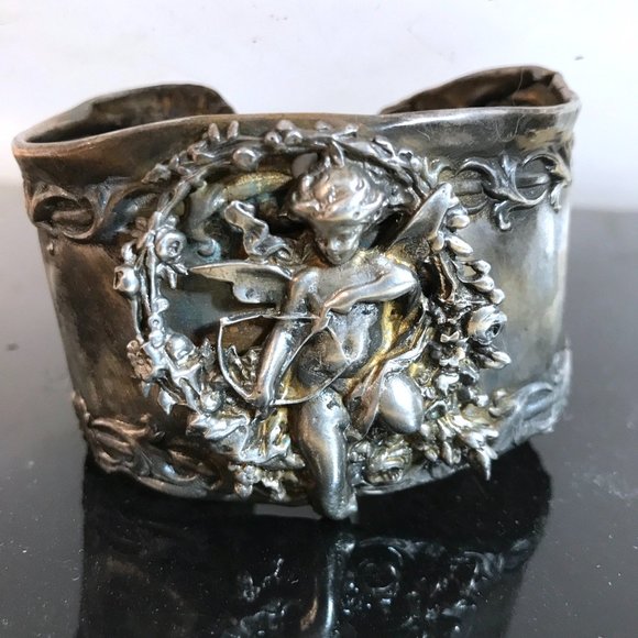 Angel Sterling Silver Cuff Bracelet Repoussé Antique 925 Victorian Wide Floral - Picture 5 of 8